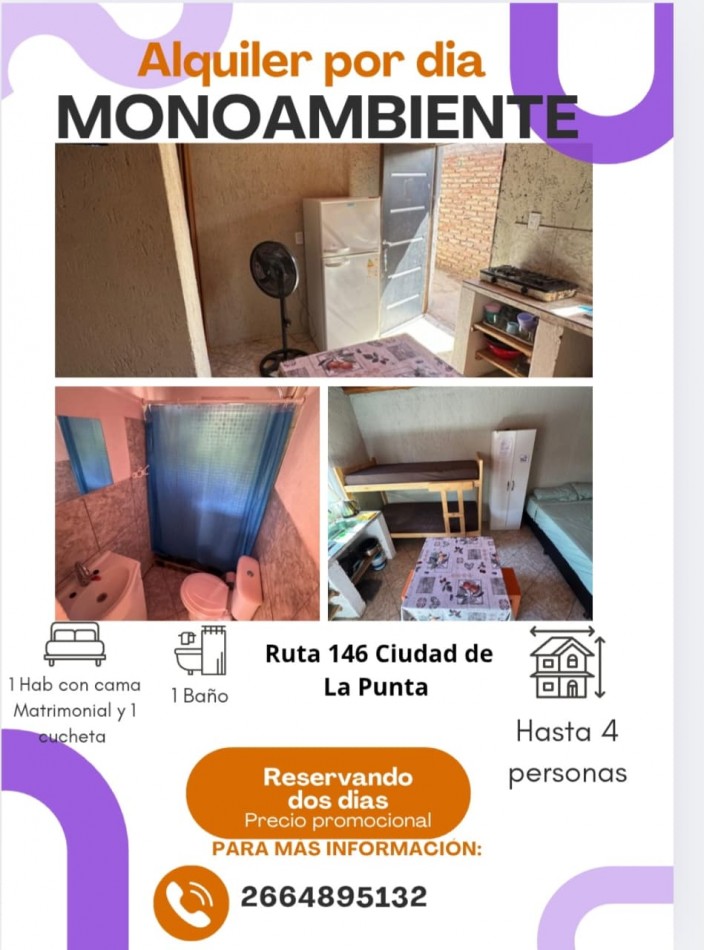 ALQUILER POR DIA MONOAMBIENTE RUTA 146 CIUDAD DE LA PUNTA SAN LUIS